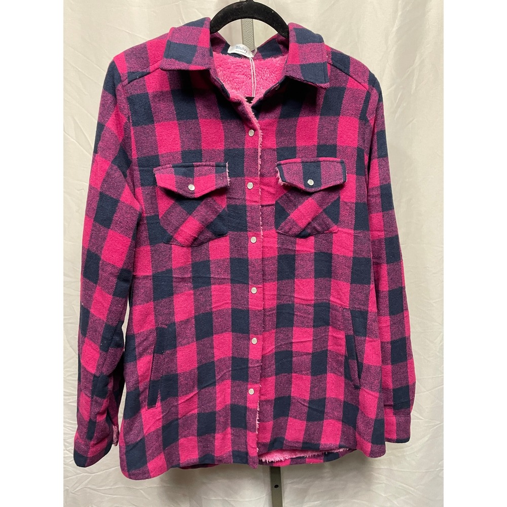 Blu Ivy Women's Pink Navy Buffalo Plaid Sherpa Lined Shacket Shirt Jacket Size M